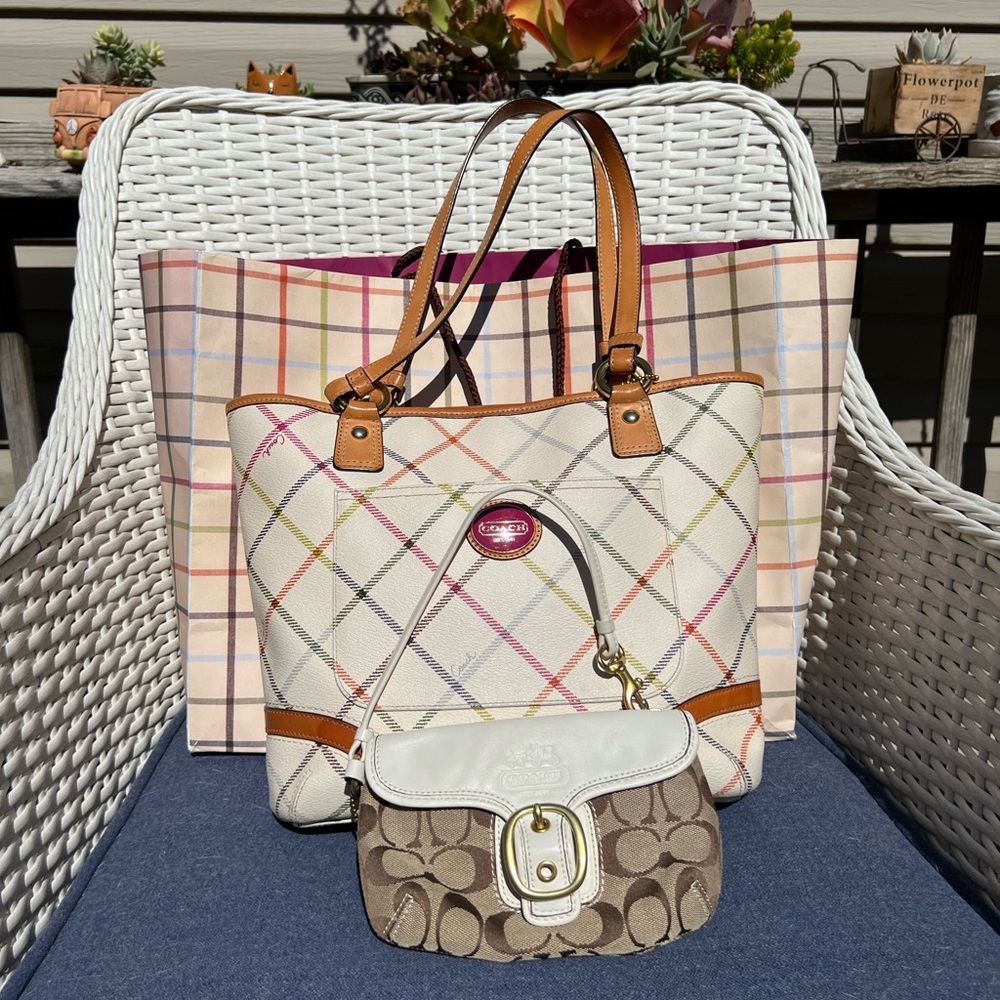 Coach Peyton Tattersall Stripe Tote Bag with Wristlet and Matching shopping bag